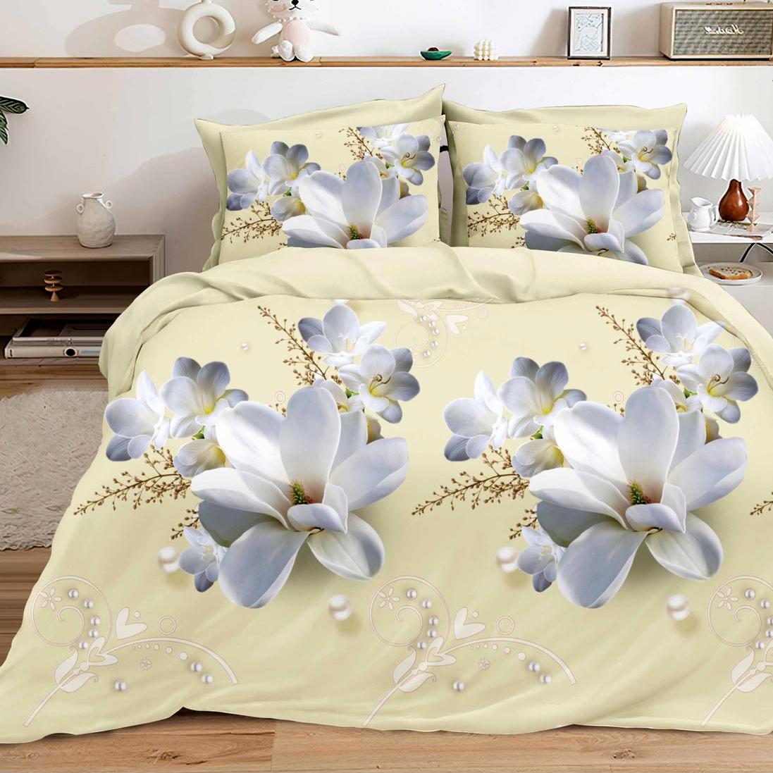 Lenjerie pat dublu, cearsaf clasic, imprimeu 3D, Crem, flori