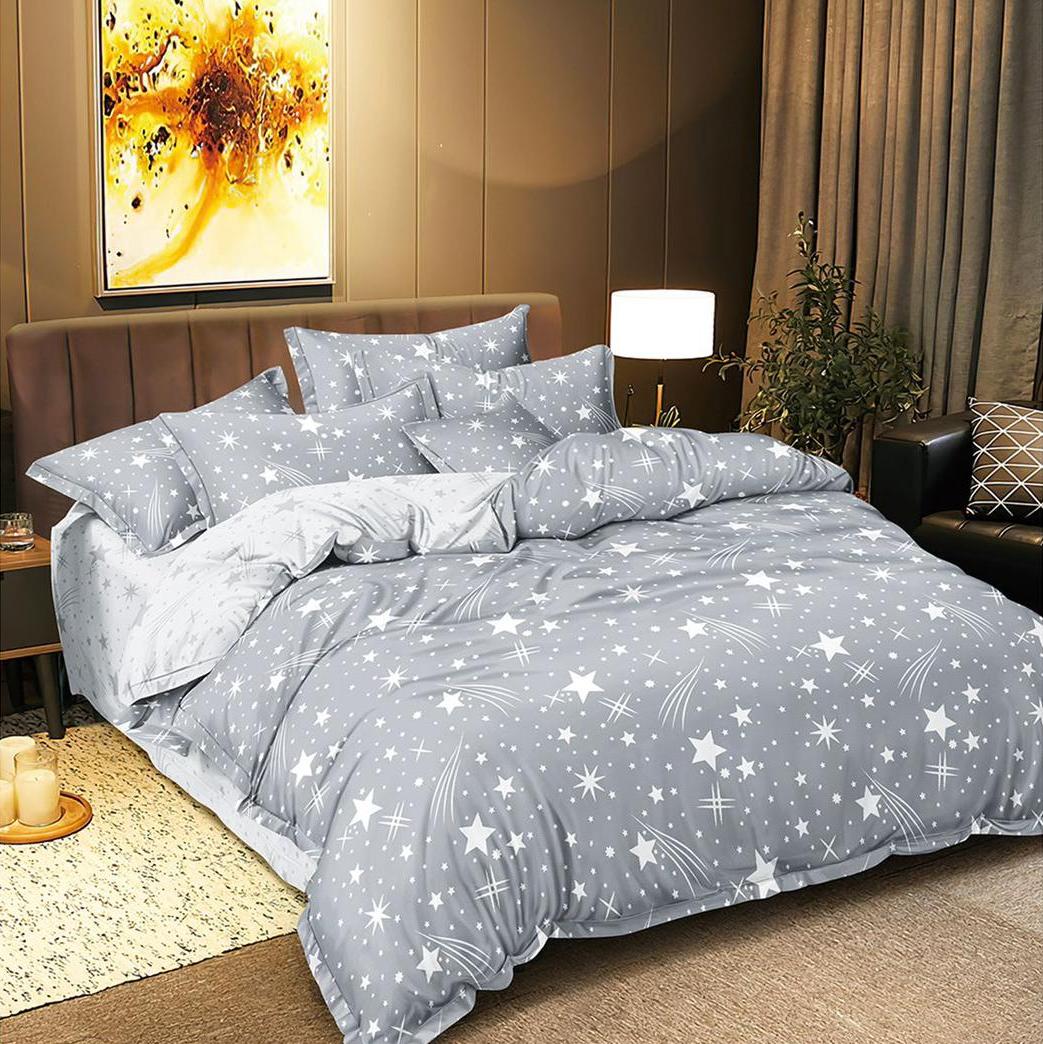 Lenjerie pat dublu, bumbac satinat, cearsaf clasic, 4 piese,  Gri, stelute
