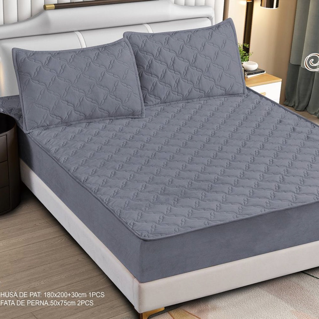 Husa Saltea cu Elastic 180x200cm tip Topper si 2 fete de perna, Gri mediu