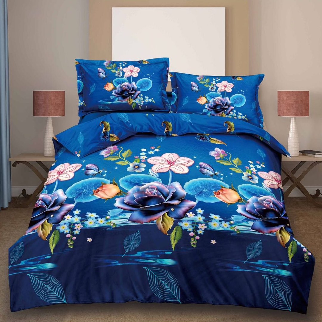 Lenjerie pat dublu, cearsaf clasic, imprimeu 3D, Albastru, flori