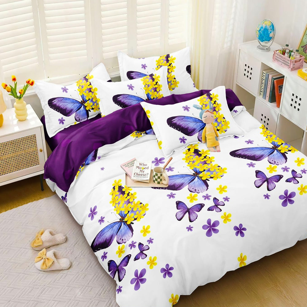 Lenjerie pat dublu, bumbac satinat, cearsaf clasic, 4 piese,  Alb, Mov, fluturi