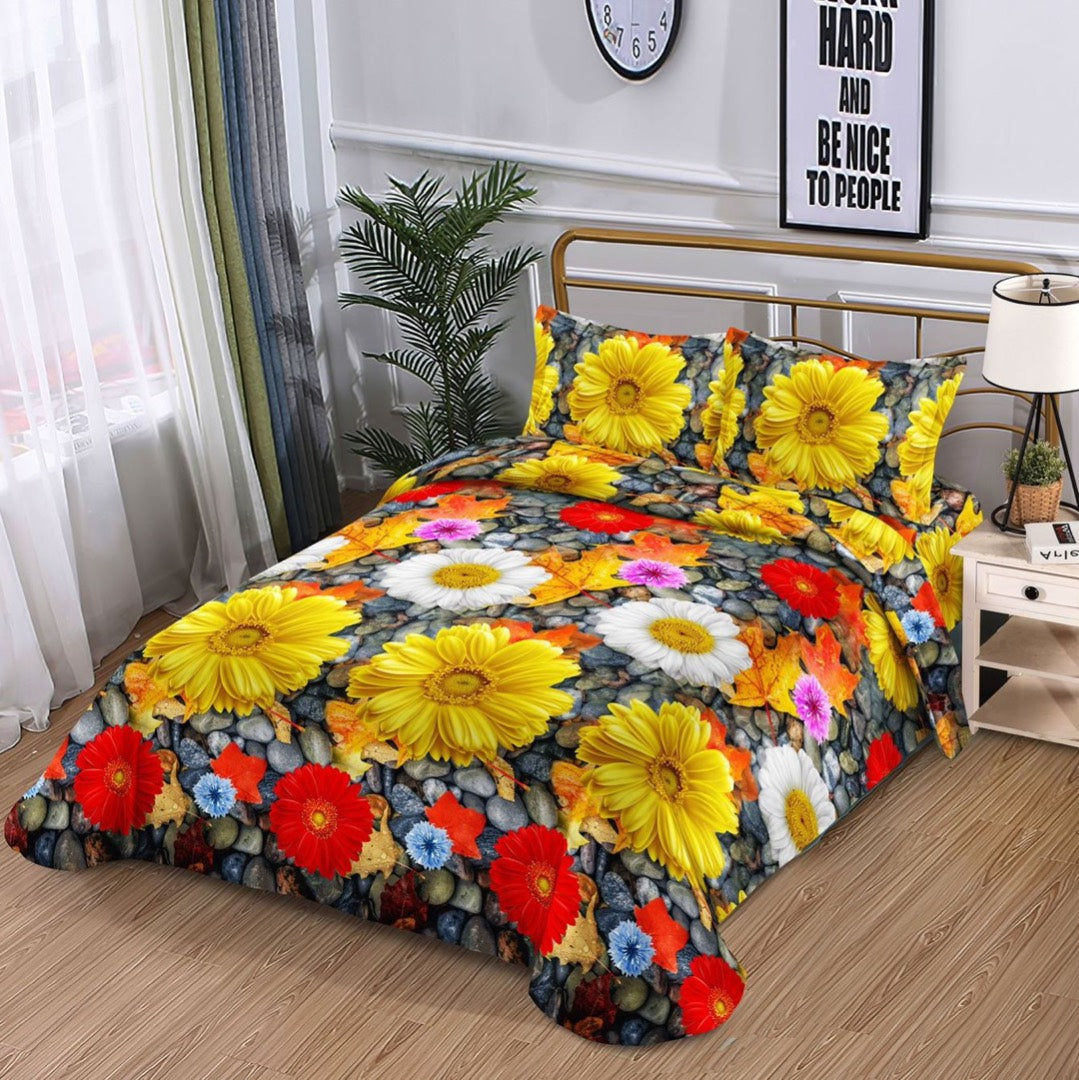 Lenjerie pat dublu, cearsaf clasic, imprimeu 3D, Galben, flori