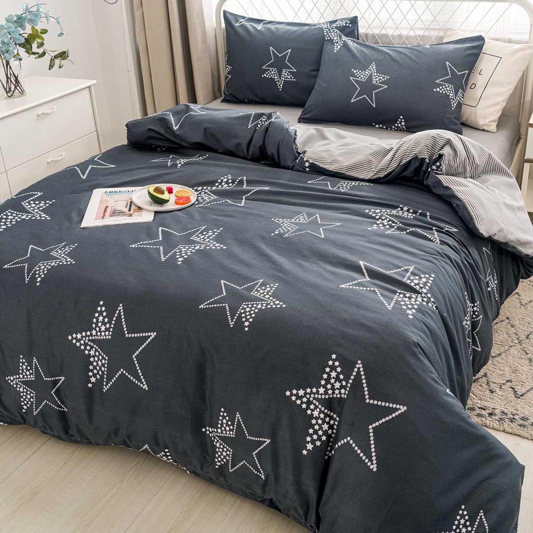 Lenjerie pat dublu, bumbac satinat, cearsaf clasic, 4 piese,  Gri, stelute