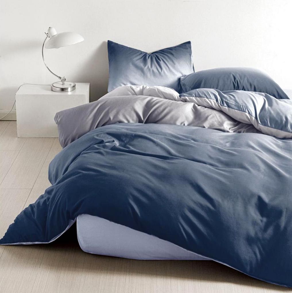 Lenjerie pat dublu, bumbac satinat, cearsaf clasic, 4 piese,  Albastru