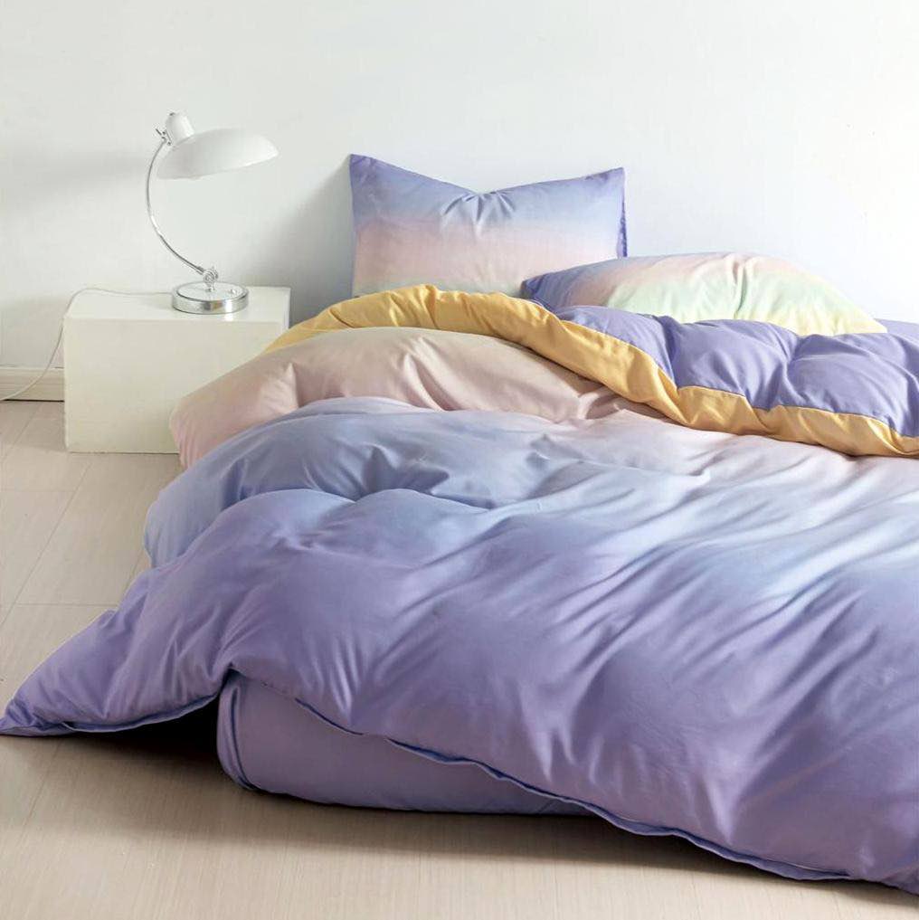 Lenjerie pat dublu, bumbac satinat, cearsaf clasic, 4 piese,  Lila