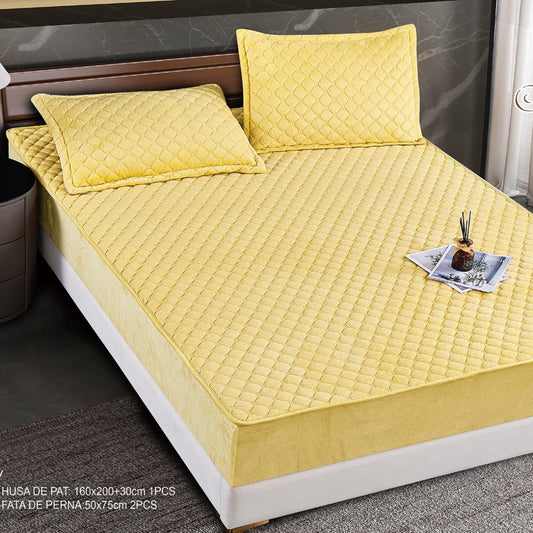 Hus? Matlasat? Tip Topper din Catifea 160x200cm, cu 2 Fe?e de Pern? 50x70cm -  Somn Odihnitor ?i Sus?inere pentru Spate, Galben